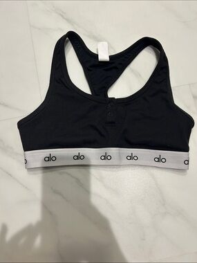 Alo Black Racerback Sports Bra with White Logo Band